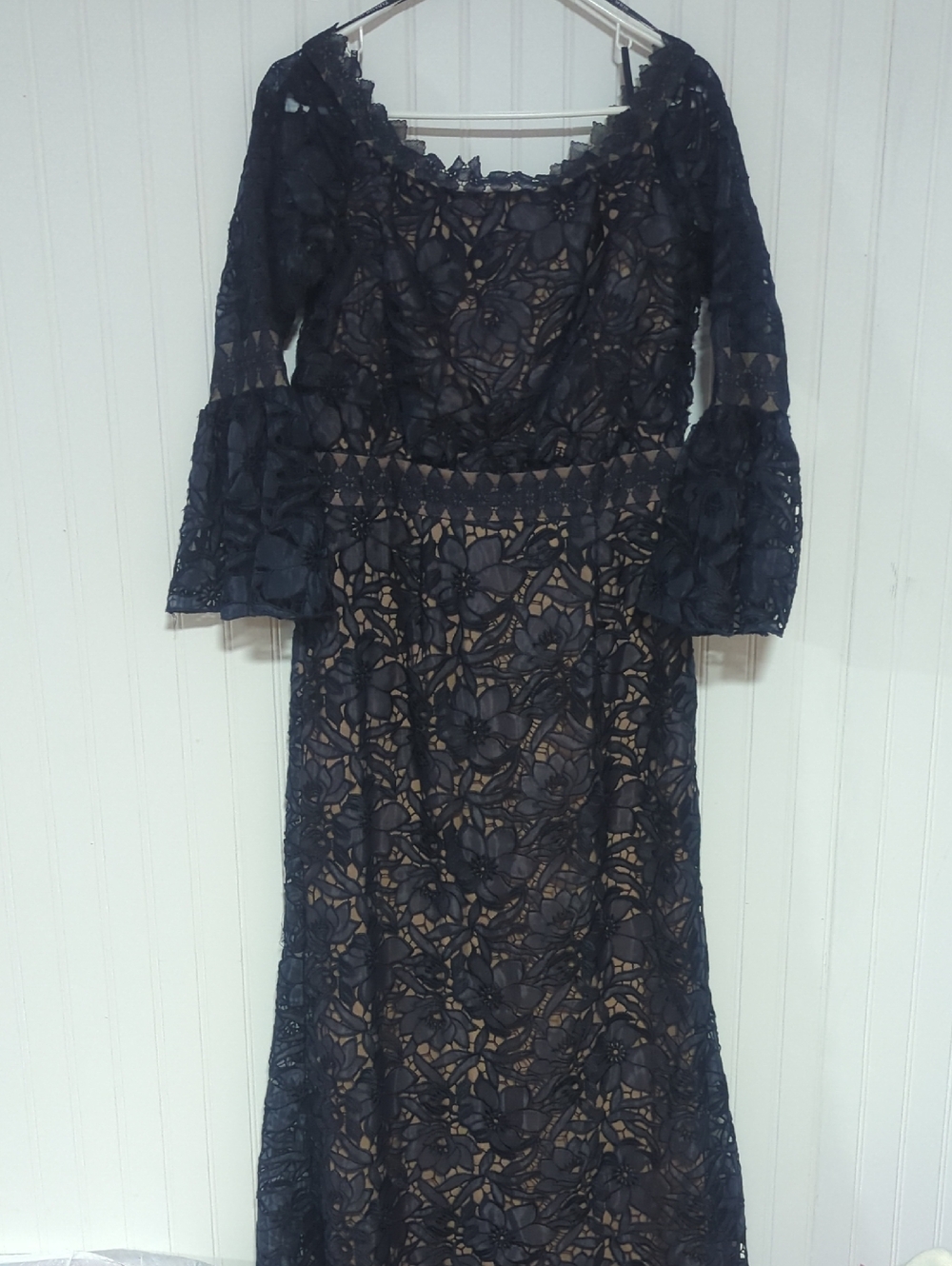 Tadashi Shoji Navy Floral Lace Maxi Dress with Bell Sleeves
